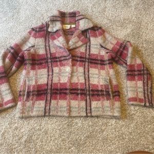 Maeve Anthropologie Pink And Ivory Plaid Wool Blend Aurelia Sweater Jacket Small